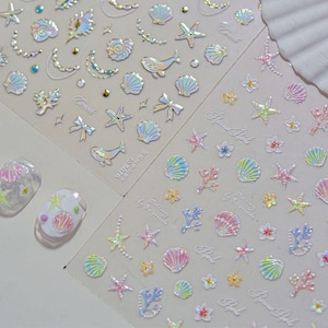 Ocean theme nail sticker,Chrome shell starfish nail art,beach nail art nail decals,coral ribbon nail,Spring summer nail, DIY nails,3D nail