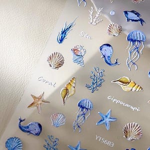 Seashell ocean nail stickers,Beach sea nail art,Starfish coral nail decals,summer blue nail art, spring summer nail stickers, DIY nail