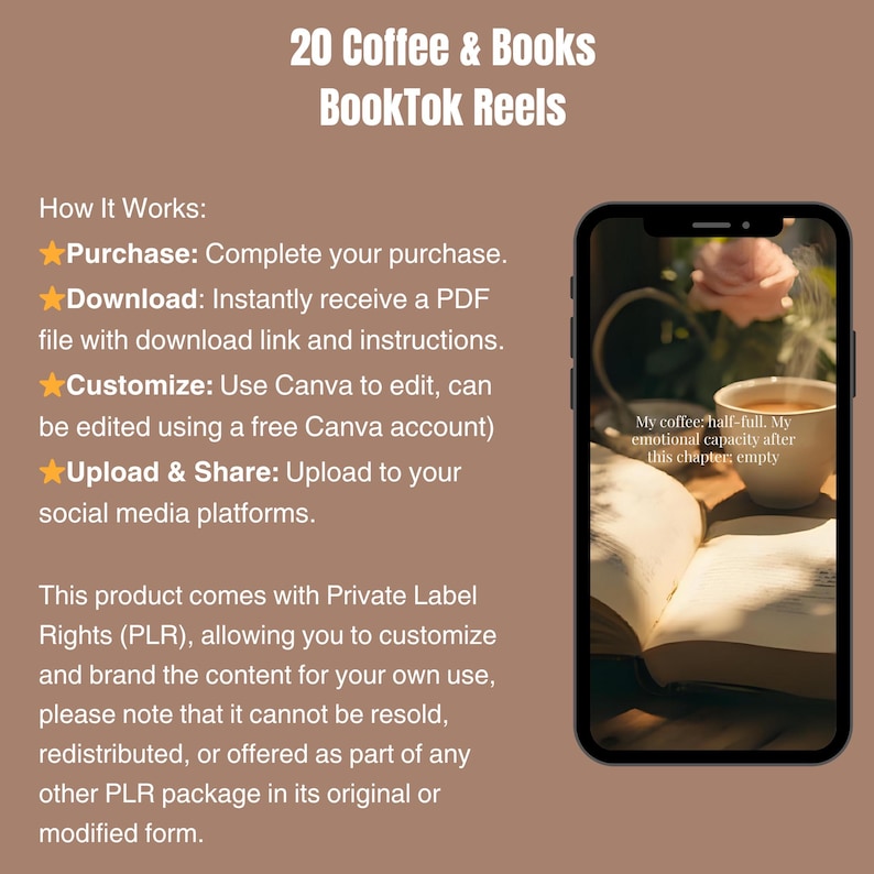May include: A smartphone displays an open book and a cup of coffee, with text overlayed. The image is part of a product advertisement for "20 Coffee & Books BookTok Reels" with instructions on how to use the product.