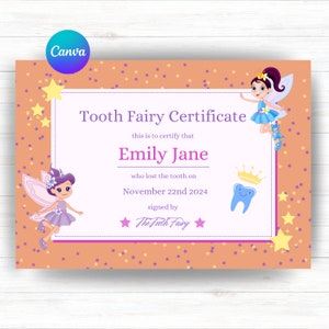Certificato della Fatina dei Denti Peach / Personalizzabile su Canva o vuoto / Include link modificabili e due PDF vuoti (A4 e 11" x 8,5")