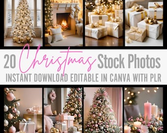 May include: A collection of Christmas stock photos featuring decorated Christmas trees, wrapped gifts, and festive decor. The images showcase a variety of styles, including traditional and modern, with a focus on gold, white, and pink color schemes. Text reads "20 Christmas Stock Photos".