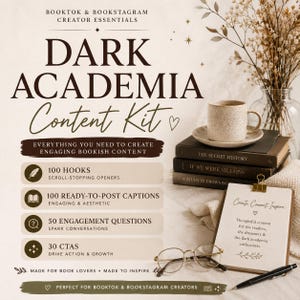 May include: A digital content kit titled Dark Academia Content Kit featuring 100 hooks, 100 captions, 50 questions, and 30 CTAs. The image displays a stack of three books, a ceramic mug, gold-rimmed glasses, a pen, and a notepad with text.