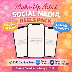 Paquete de Reels para redes sociales de maquilladores: 150 plantillas Canva editables con PLR