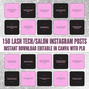 May include: A pink and black graphic with the text "150 LASH TECH/SALON INSTAGRAM POSTS INSTANT DOWNLOAD EDITABLE IN CANVA WITH PLR" and a grid of 20 pink squares with text about lash extensions.