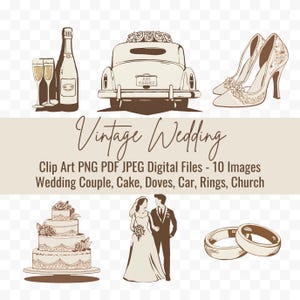 Clip Art de Casamento SVG PNG Pdf Jpeg | 10 Imagens de Alta Qualidade | Champanhe Vintage, Pombas, Bolo, Carro, Anéis, Flores, Igreja, Sinos, Casal
