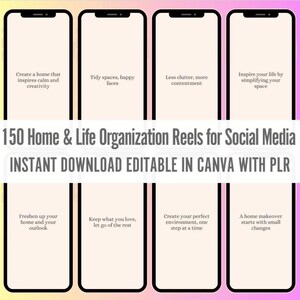 May include: A set of eight social media post templates for home and life organization. The templates are in a minimalist style with white text on a light pink background. The text includes phrases like "Create a home that inspires calm and creativity" and "Freshen up your home and your outlook".