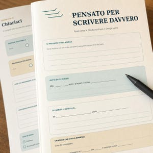 Può includere: Una pagina di agenda in carta bianca con testo blu scuro che recita PENSATO PER SCRIVERE DAVVERO, con sezioni per compiti, avvio da 10 minuti, ostacoli e chiusura. Il layout include riquadri rettangolari verde chiaro e beige e una penna nera.