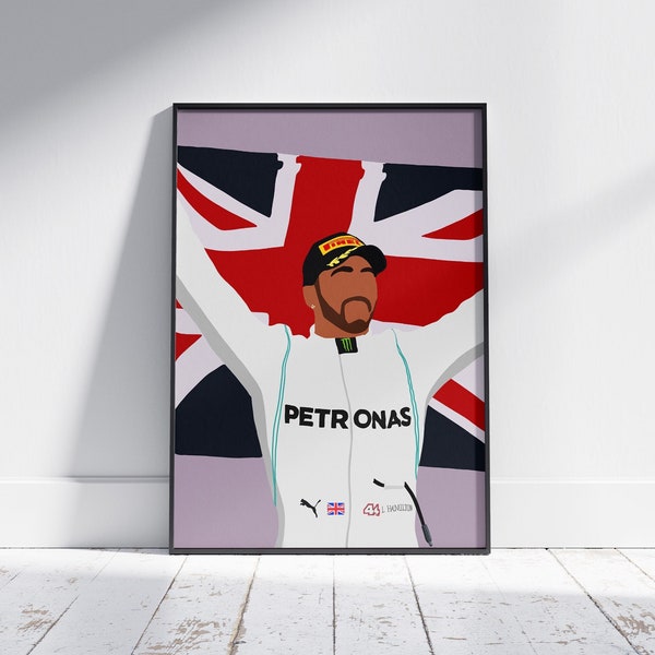 Lewis Hamilton with a Union Jack - Flat Vector F1 Poster