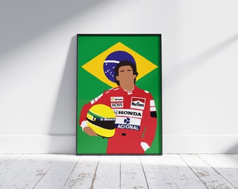May include: A digital illustration of a race car driver wearing a red racing suit with a yellow helmet. The driver is standing in front of the Brazilian flag. The suit has the logos "Shell", "Boss", "Marlboro", "Honda", and "Acionai".