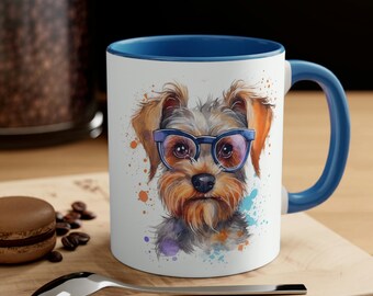 Watercolor Schnauzer Wearing Glasses Accent Coffee Mug, 11oz Adorable and Artistic Drinkware for Canine Enthusiasts