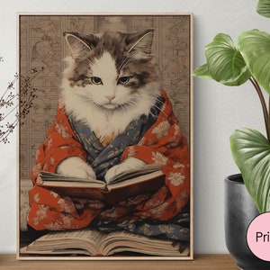 Book Lover Kitten Kitty Woodblock Cartoon Book Wall Art, Reading Study Living Room Wall Art, Cat Poster Prints, Beige Japandi Wall Art Print