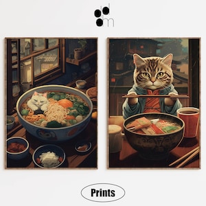 Set van 2 Lofi Ramen Cat Wall Art, Japanse Wall Art Poster, Ukiyo-e Wall Art, Keuken Wall Art, Lo-Fi Wall Art, Giclee Anime Wall Art Prints