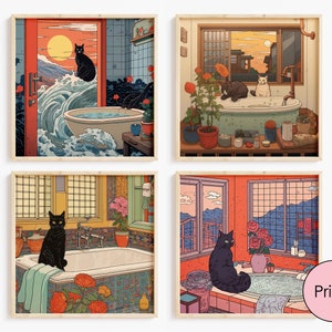 Set van 4 badkamer Wall Art, Black Cat Wall Art, Lofi Wall Art, Japanse Wall Art, Cartoon Wall Art, Ukiyoe Wall Art, digitale download