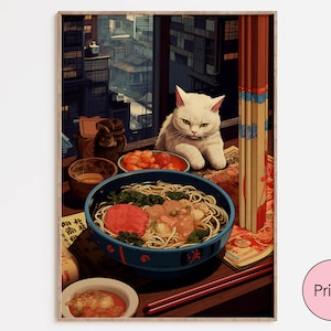 Cat in Evening Ramen Shop Lofi Cartoon Wall Art, Japanse Wall Art Poster, Keuken Wall Art, Lo-Fi Wall Art, Giclee Anime Wall Art Prints