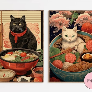 Set van 2, Ukiyo-e Ramen met zwarte en witte katten, Japanse Cartoon Kitchen Wall Art Poster, Ramen Wall Art, Cat Wall Art, Giclee Art Prints