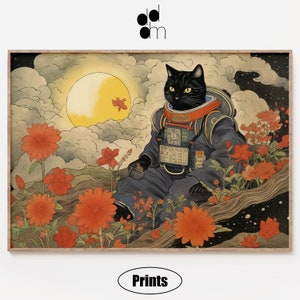 Moon Black Cat Spacesuit outer space omringd met wolken van rode bloemen, Ukiyo-e Ukiyoe Japanse Cartoon Anime Wall Art Poster Giclee