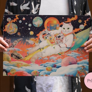 Ghibli Studio Style White Cat en Colorful Space Adventures, Cosmic Lofi White Cat Wall Art, Galaxy espacio exterior Japonés Lo-Fi Style Wall Art