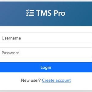 May include: A white login form with a blue header that reads "TMS Pro." The form includes fields for "Username" and "Password," with a blue "Login" button below. The text "New user? Create account" is at the bottom.