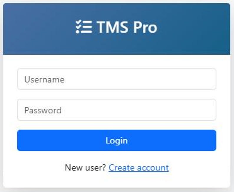 May include: A white login form with a blue header that reads "TMS Pro." The form includes fields for "Username" and "Password," with a blue "Login" button below. The text "New user? Create account" is at the bottom.