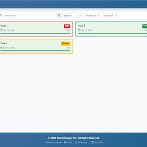 May include: Screenshot of a task management application interface. The interface is primarily white and blue, with several task cards displayed. The cards are color-coded and show task names, dates, and priority levels. The top navigation bar includes a search bar and filter options.