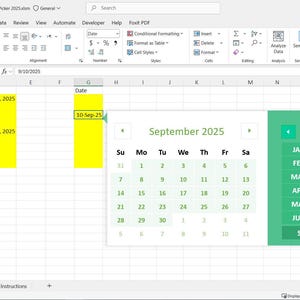 May include: Screenshot of a spreadsheet program with a date picker interface. The interface displays a calendar for September 2025, with a highlighted date of September 25th. Yellow boxes show dates July 19, 2025 and May 5, 2025.