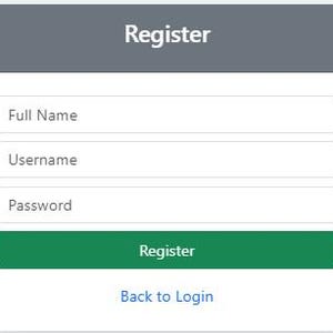 May include: A digital registration form with fields for full name, username, and password. The form has a green "Register" button and a blue "Back to Login" link. The word "Register" is also at the top of the form in a gray bar.