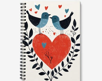 Valentines Day Journal | Blue Birds and Heart Design | Spiral Bound | 60 Lined sheets (120 Pages) | A5 Journal | Quality 90gsm Paper
