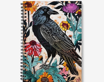 Raven Notebook | Lino print style, spiral bound, lined journal. 60 sheets (120 pages) of 90gsm paper.