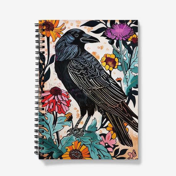 Raven Notebook | Lino print style, spiral bound, lined journal. 60 sheets (120 pages) of 90gsm paper.