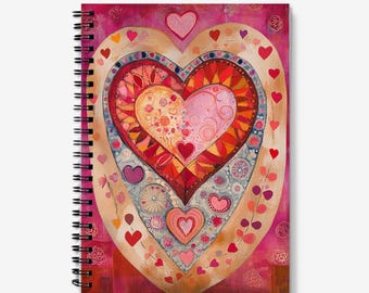 A5 Journal Notebook | Love Hearts Design | Spiral Bound | 60 Lined sheets (120 Pages) | A5 Notebook with pocket | Quality 90gsm Paper