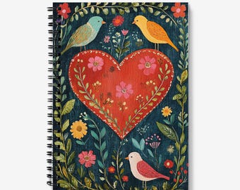 Notebook | Love Birds, Heart & Flowers Design | Spiral Bound | 60 Lined sheets (120 Pages) | A5 Journal | Quality 90gsm Paper