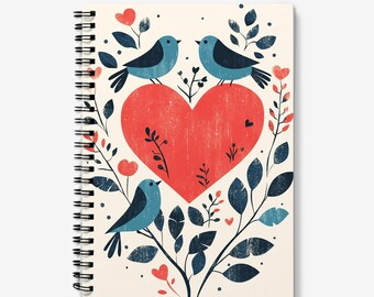 Valentines Day Journal | Blue Love Birds and Heart Design | Spiral Bound | 60 Lined sheets (120 Pages) | A5 Journal | Quality 90gsm Paper