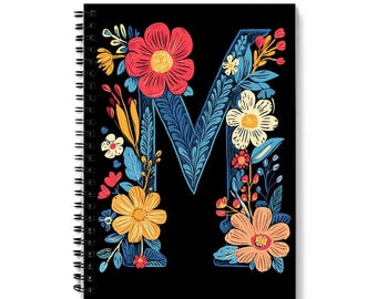 Letter ‘M’ Notebook | Floral Letter M Design | Spiral Bound | 60 Lined sheets (120 Pages) | Personalized A5 Journal | Quality 90gsm Paper