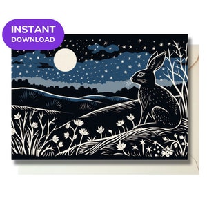 May include: A black and white illustration of a rabbit sitting in a field under a starry night sky with a full moon. The illustration is in a woodcut style.