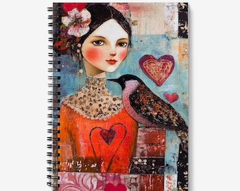 A5 Notebook | Pretty Lady, Bird & Heart Design | Spiral Bound | 60 Lined sheets (120 Pages) | A5 Journal | Quality 90gsm Paper