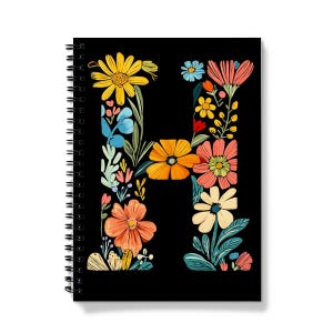 Cuaderno con la letra H / Diseño floral / Encuadernación en espiral / 60 hojas rayadas (120 páginas) / Diario personalizado A5 / Papel de 90 g/m²