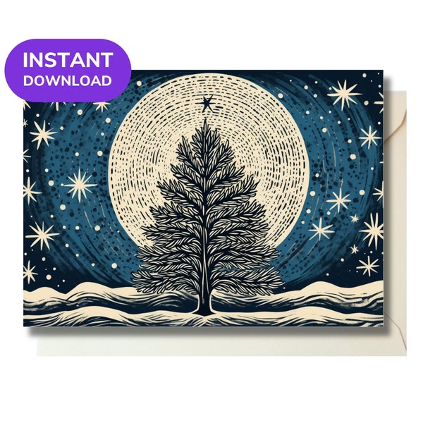 Printable Card - Pine Fir And Full Moon Christmas Card: Download, Print, and Send Festive Greetings in an Instant! Card measures 6.9" x 4.9"