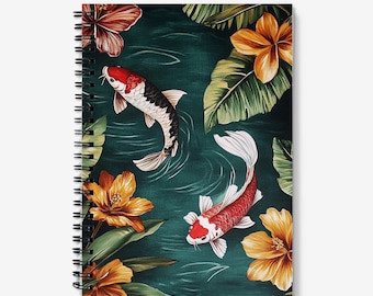 Notebook | Koi Carp Fish Journal | Lino print style, spiral bound, lined notebook. 60 sheets (120 pages) of 90gsm paper.