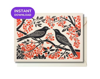 Printable Valentines Love Birds Card. Download, Print, and Send Heartfelt Greetings in an Instant! Card measures 6.9" x 4.9"
