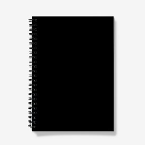 May include: A black spiral-bound notebook with a solid black cover. The notebook's pages are not visible. The spiral binding is made of black metal. The notebook is set against a white background.