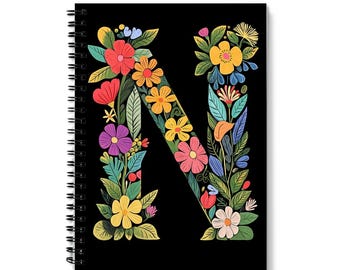 Letter ‘N’ Notebook | Floral Letter N Design | Spiral Bound | 60 Lined sheets (120 Pages) | Personalized A5 Journal | Quality 90gsm Paper