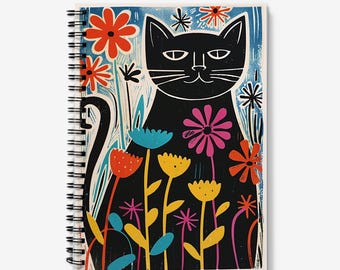 Notebook | Cat & Flowers Journal | High Quality | Lino print style, spiral bound, lined paper notebook | 60 sheets (120 pages) 90gsm paper.