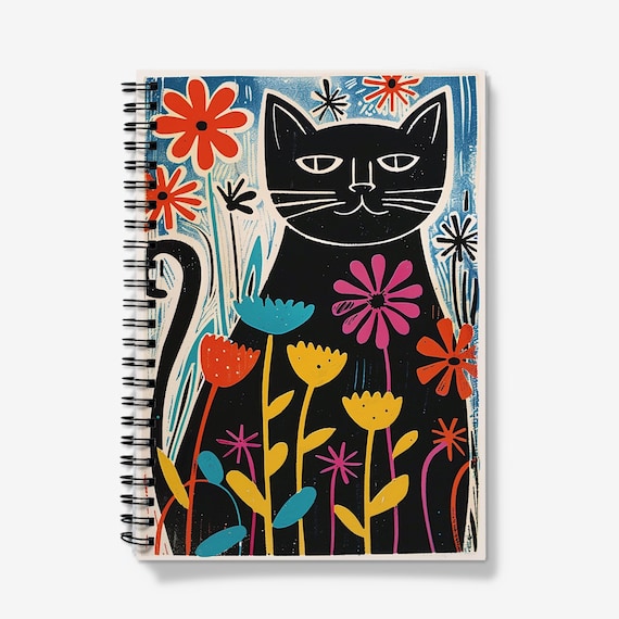 Notebook | Cat & Flowers Journal | High Quality | Lino print style, spiral bound, lined paper notebook | 60 sheets (120 pages) 90gsm paper.