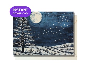 Afdrukbare kaart - dennenboom en sneeuwmaan. Feestelijk, seizoensgebonden, Kerstmis, winterzonnewende. Direct downloaden om thuis af te drukken! Kaart van 6,9 x 4,9 inch.