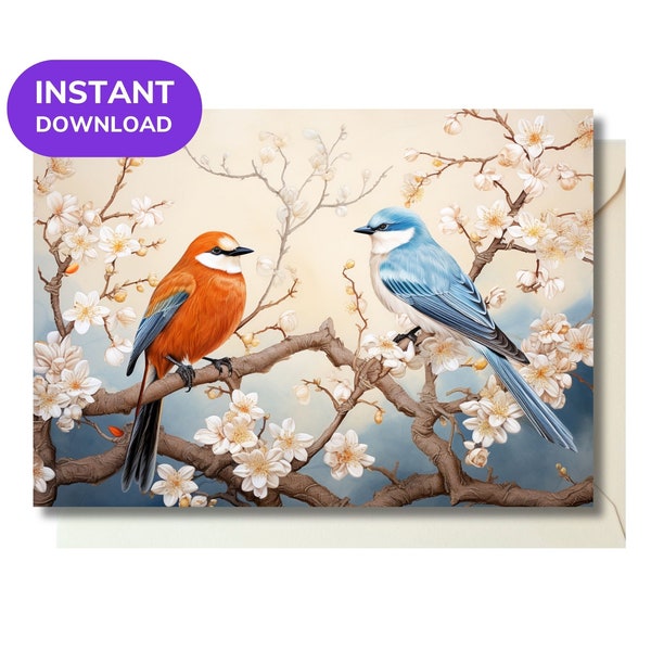 Printable Valentines Sparrow Love Birds: Download, Print, and Send Heartfelt Greetings in an Instant! Card measures 6.9" x 4.9"