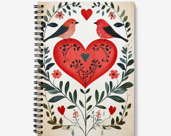 A5 Notebook | Pretty Pink Love Birds and Heart Design | Spiral Bound | 60 Lined sheets (120 Pages) | A5 Journal | Quality 90gsm Paper