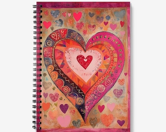 A5 Notebook Journal | Pink Love Heart Design | Spiral Bound | 60 Lined sheets (120 Pages) | A5 Journal with pocket | Quality 90gsm Paper