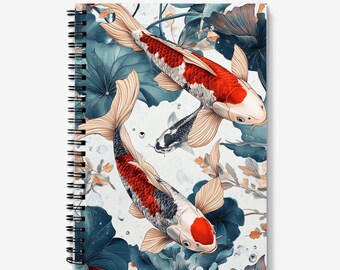 Koi Carp Fish Notebook | Lino print style, spiral bound, lined notebook. 60 sheets (120 pages) of 90gsm paper.