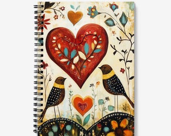 Heart Notebook | Love Birds, Heart & Flowers Design | Spiral Bound | 60 Lined sheets (120 Pages) | A5 Journal | Quality 90gsm Paper