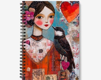 A5 Notebook | Pretty Lady, Bird & Heart Design | Spiral Bound | 60 Lined sheets (120 Pages) | A5 Journal | Quality 90gsm Paper